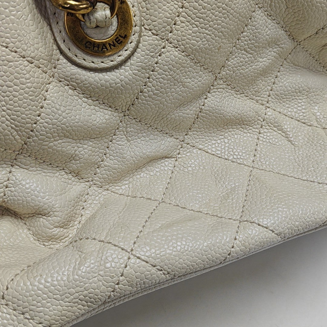 Quilted Grained Calfskin Shoulder Bag White
