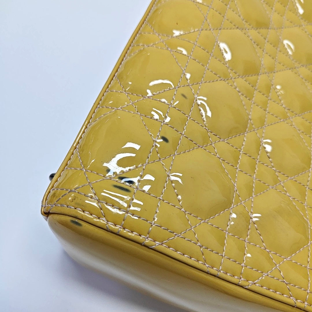 Authenticated pre-owned  Lady Dior Medium Quilted Patent Leather Yellow - Tote Bag at Looply