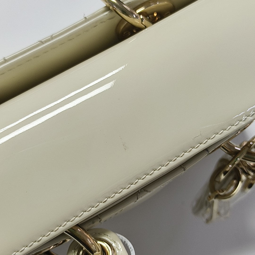Lady D-Joy Super Mini Cannage Patent Leather White