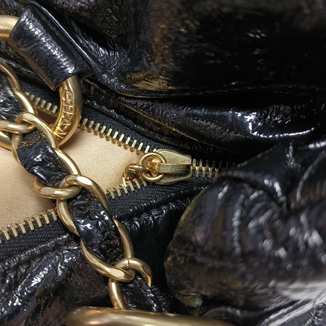 Quilted Patent Leather Top Handle Bag Black