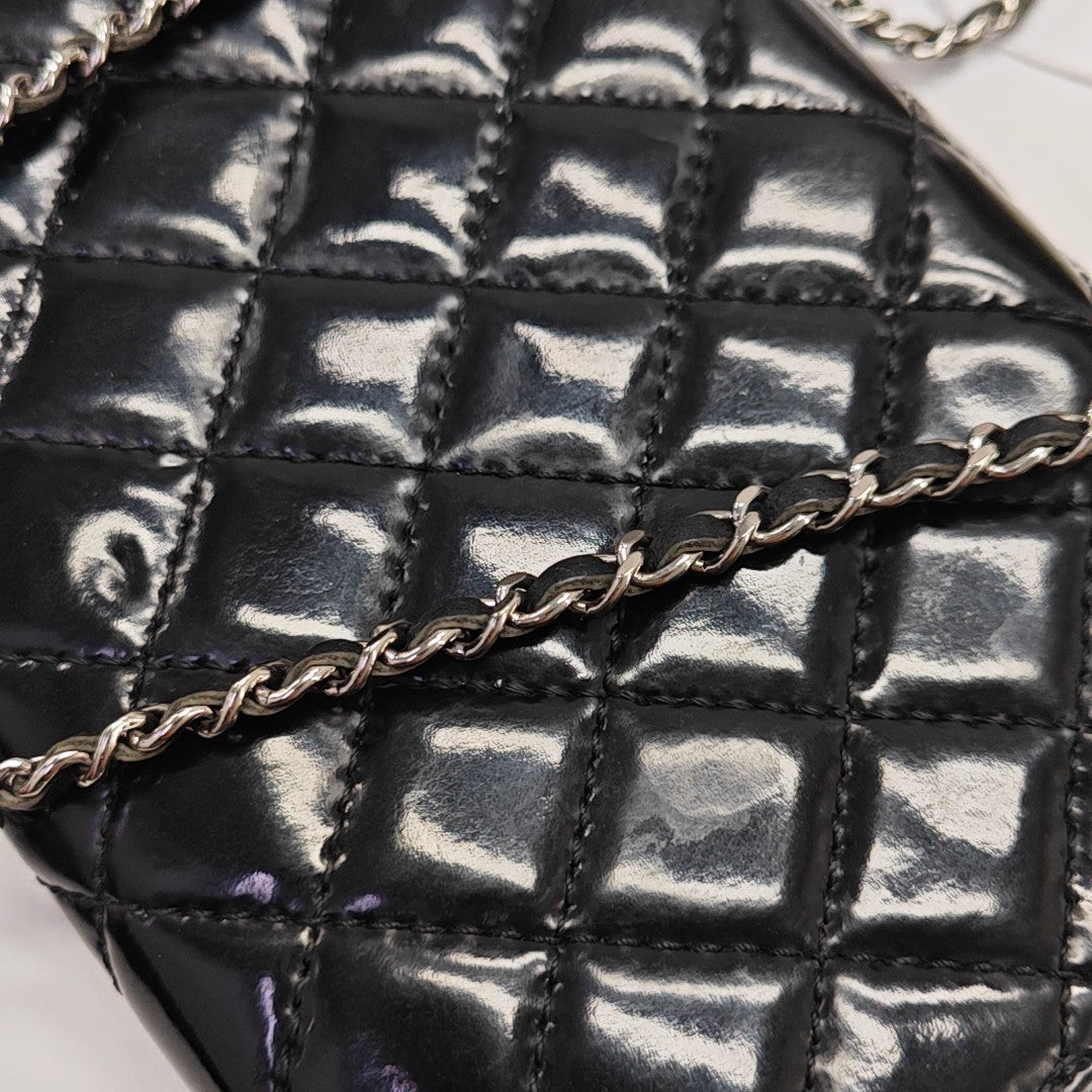 Quilted Patent Leather Top Handle Bag Black