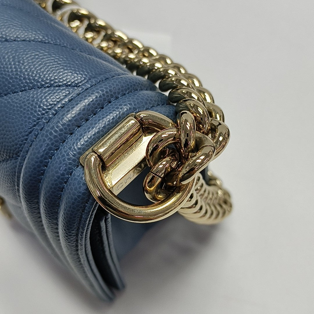BOY CHANEL Small Chevron, Quilted Grained Calfskin Blue