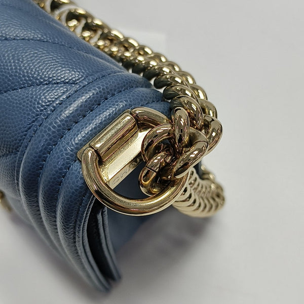 BOY CHANEL Small Chevron, Quilted Grained Calfskin Blue