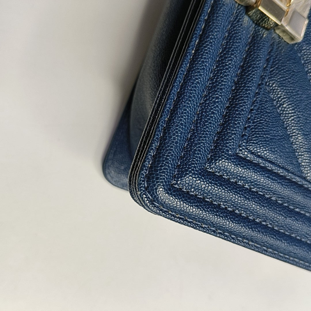 BOY CHANEL Small Chevron, Quilted Grained Calfskin Blue