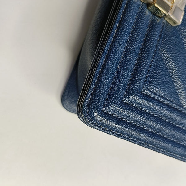 BOY CHANEL Small Chevron, Quilted Grained Calfskin Blue