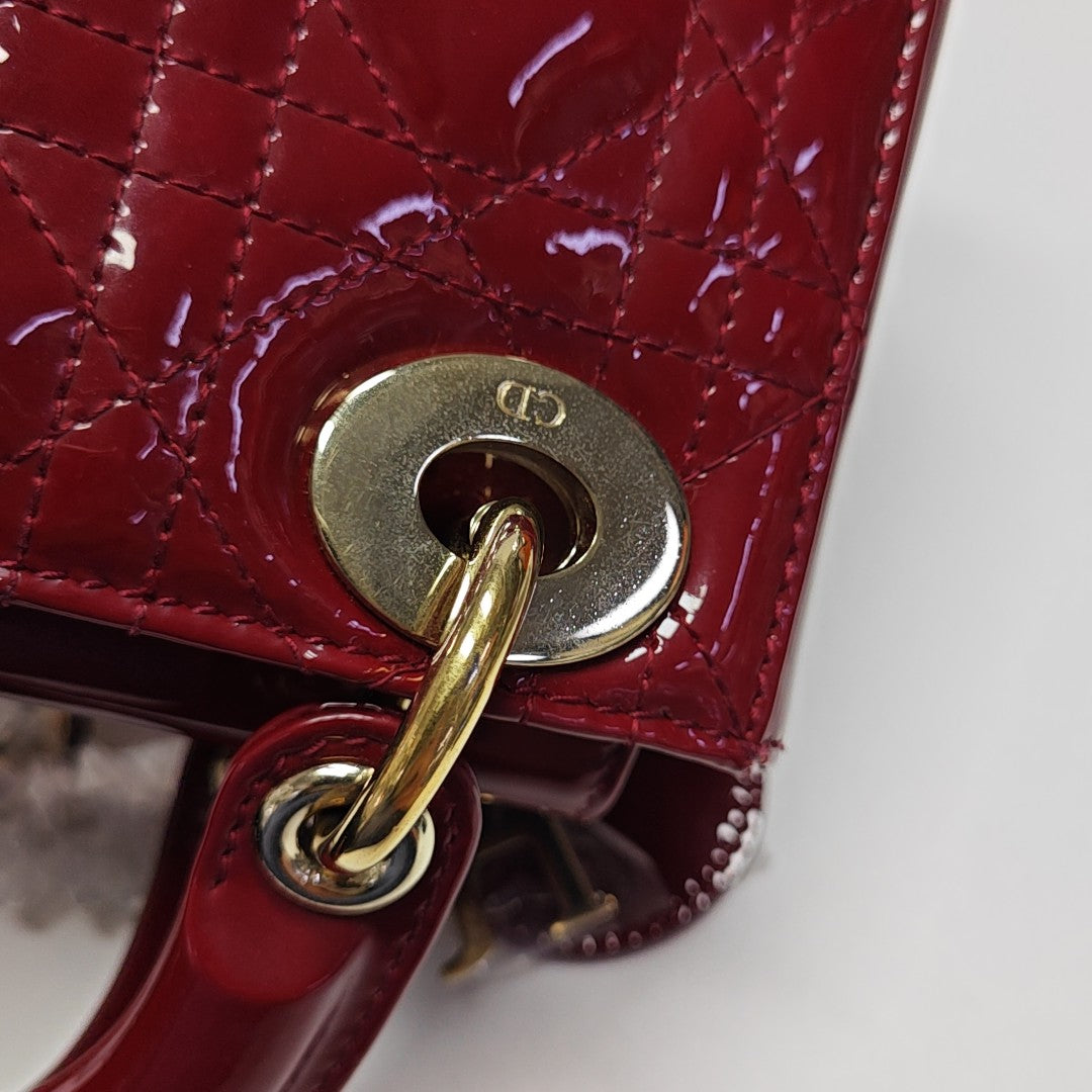 Lady Dior Mini Cannage Patent Calfskin Red