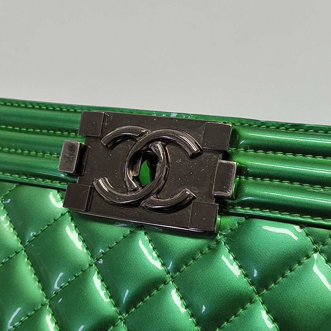 BOY CHANEL Medium Quilted Patent Leather Green