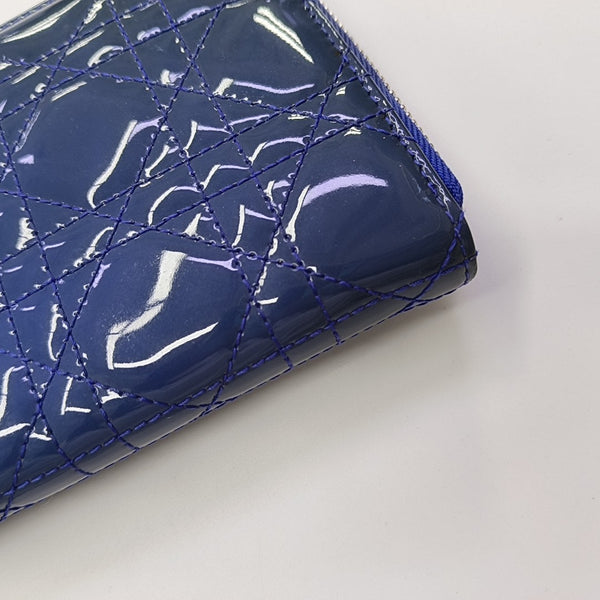 Lady Dior Small Cannage Patent Leather Blue Wallet