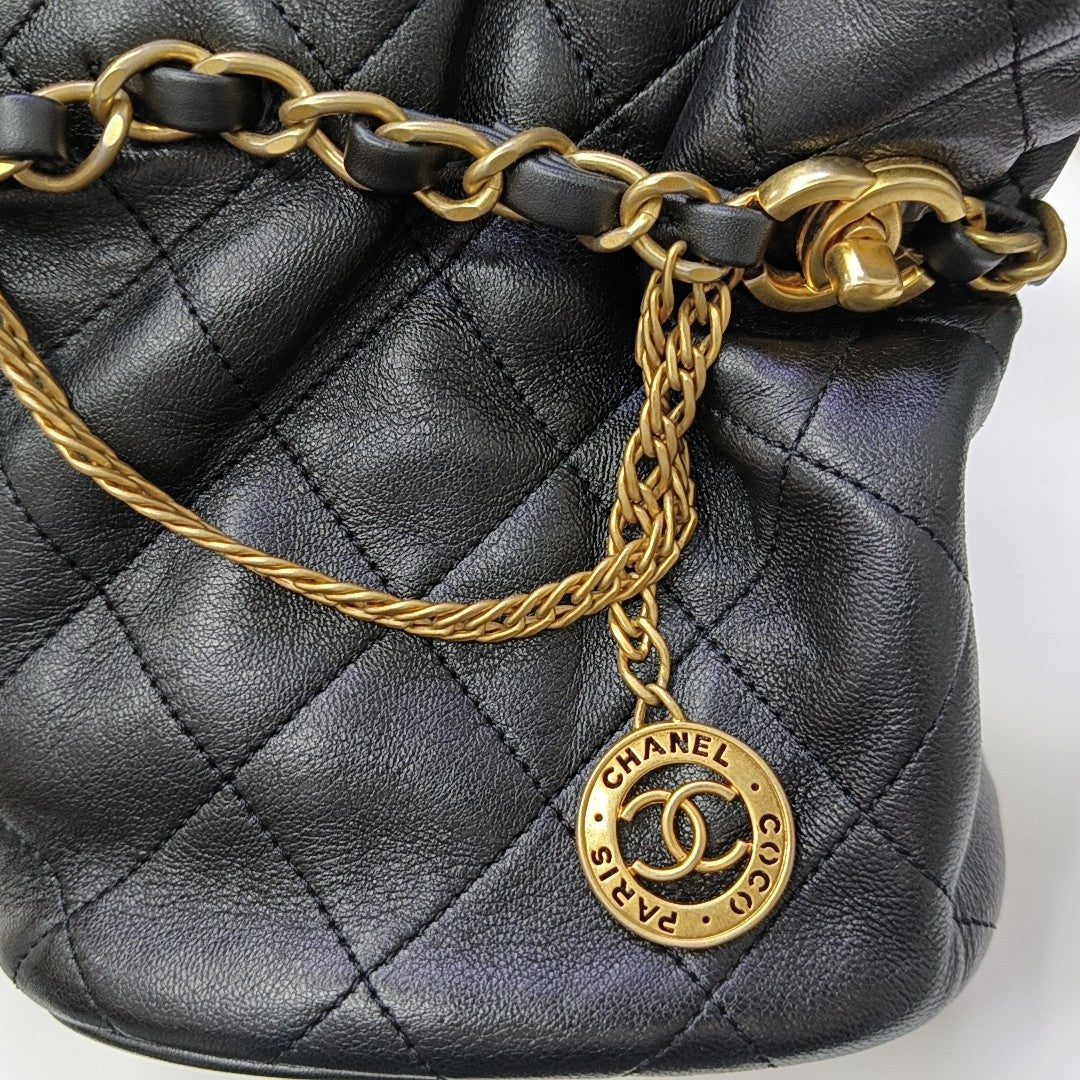Quilted Lambskin Bucket Bag Small Black