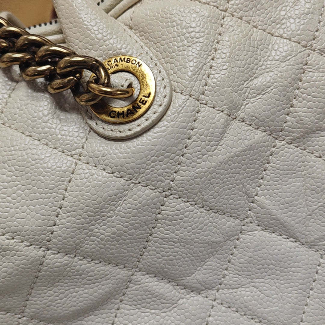 Quilted Grained Calfskin Shoulder Bag White