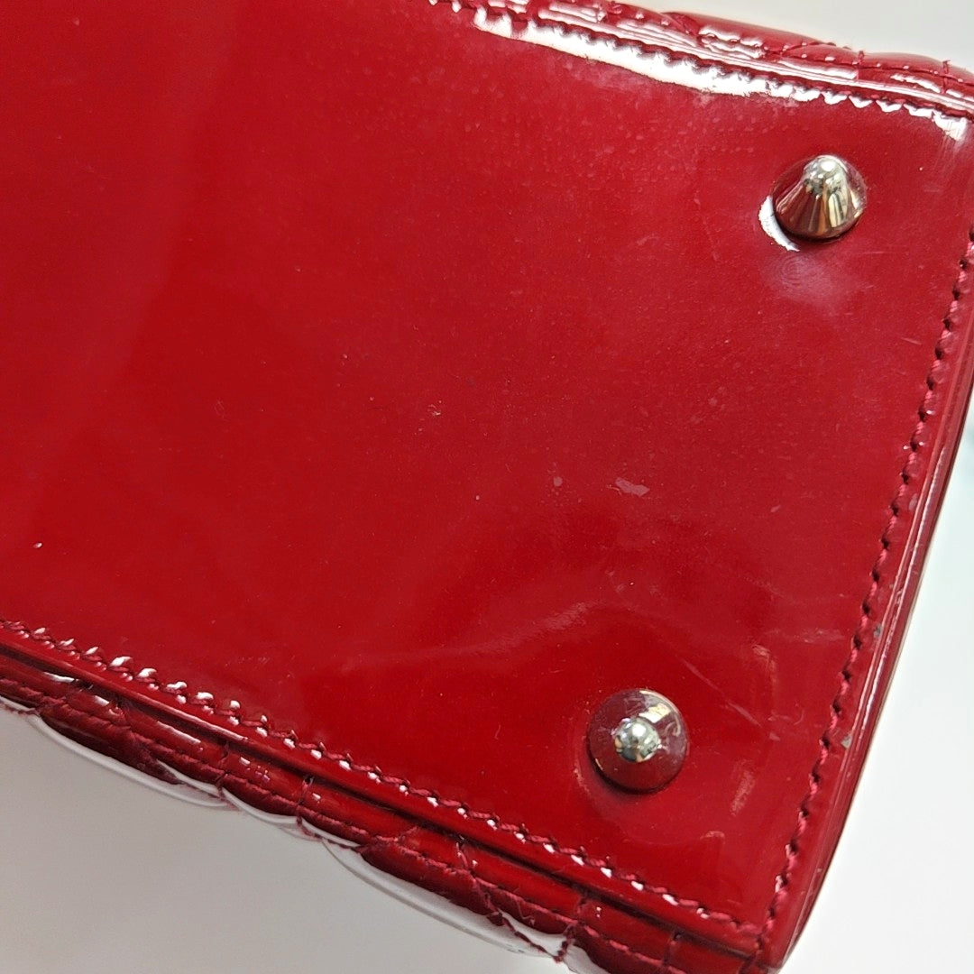 Authenticated pre-owned  Lady Dior Medium Quilted Patent Leather Red - Tote Bag at Looply