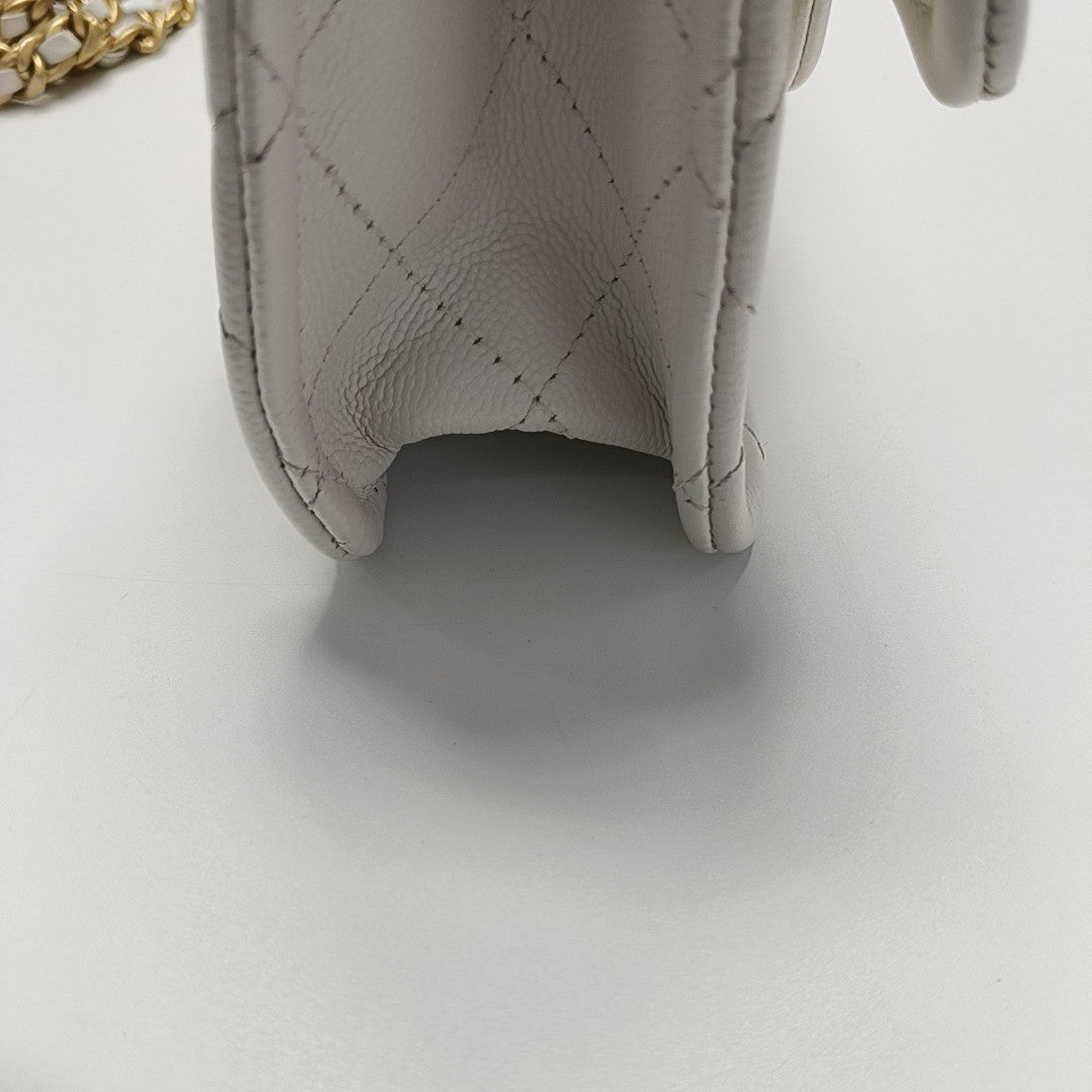 Quilted Grained Calfskin Shoulder Bag White