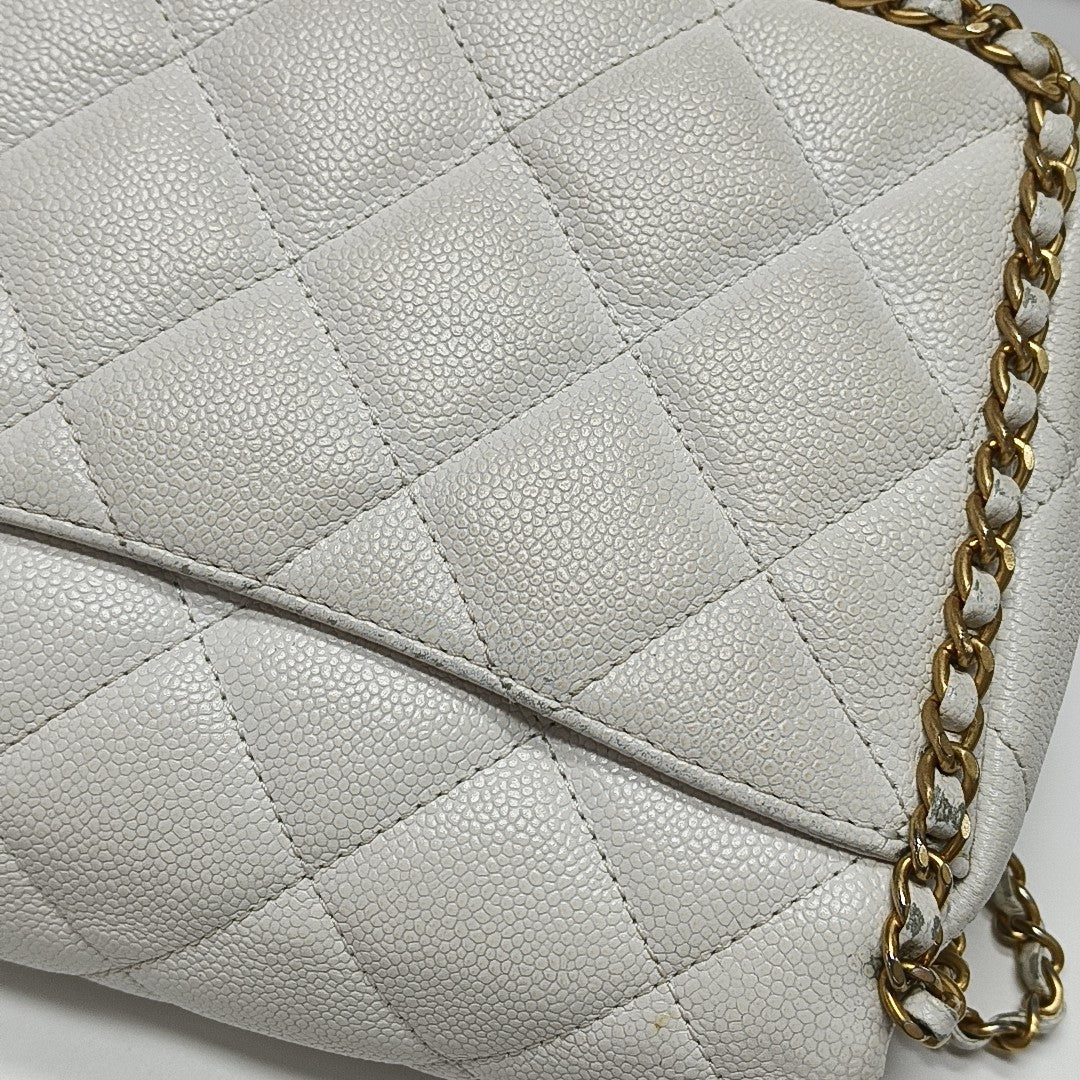 Quilted Grained Calfskin Shoulder Bag Large White
