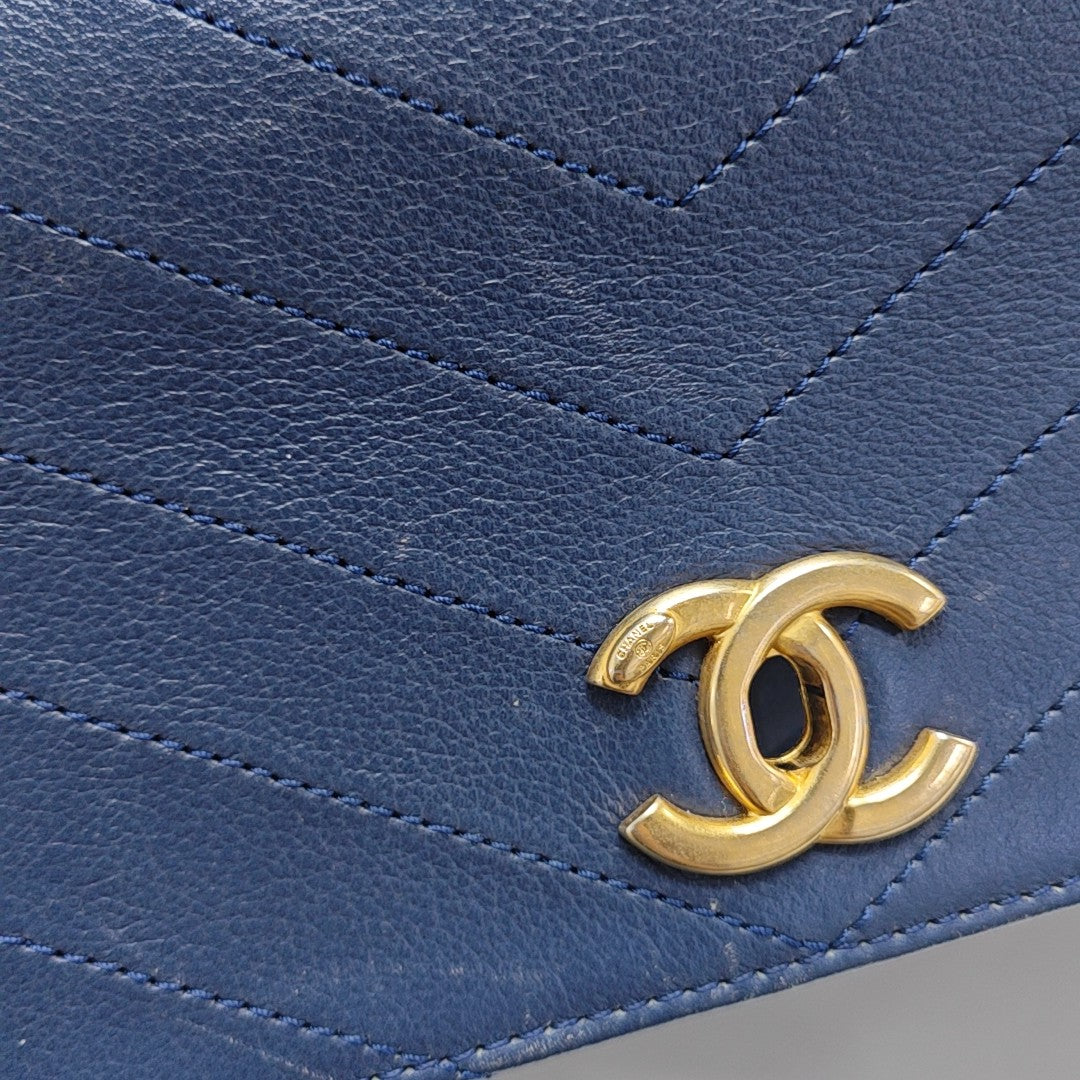Chevron Calfskin Shoulder Bag Blue