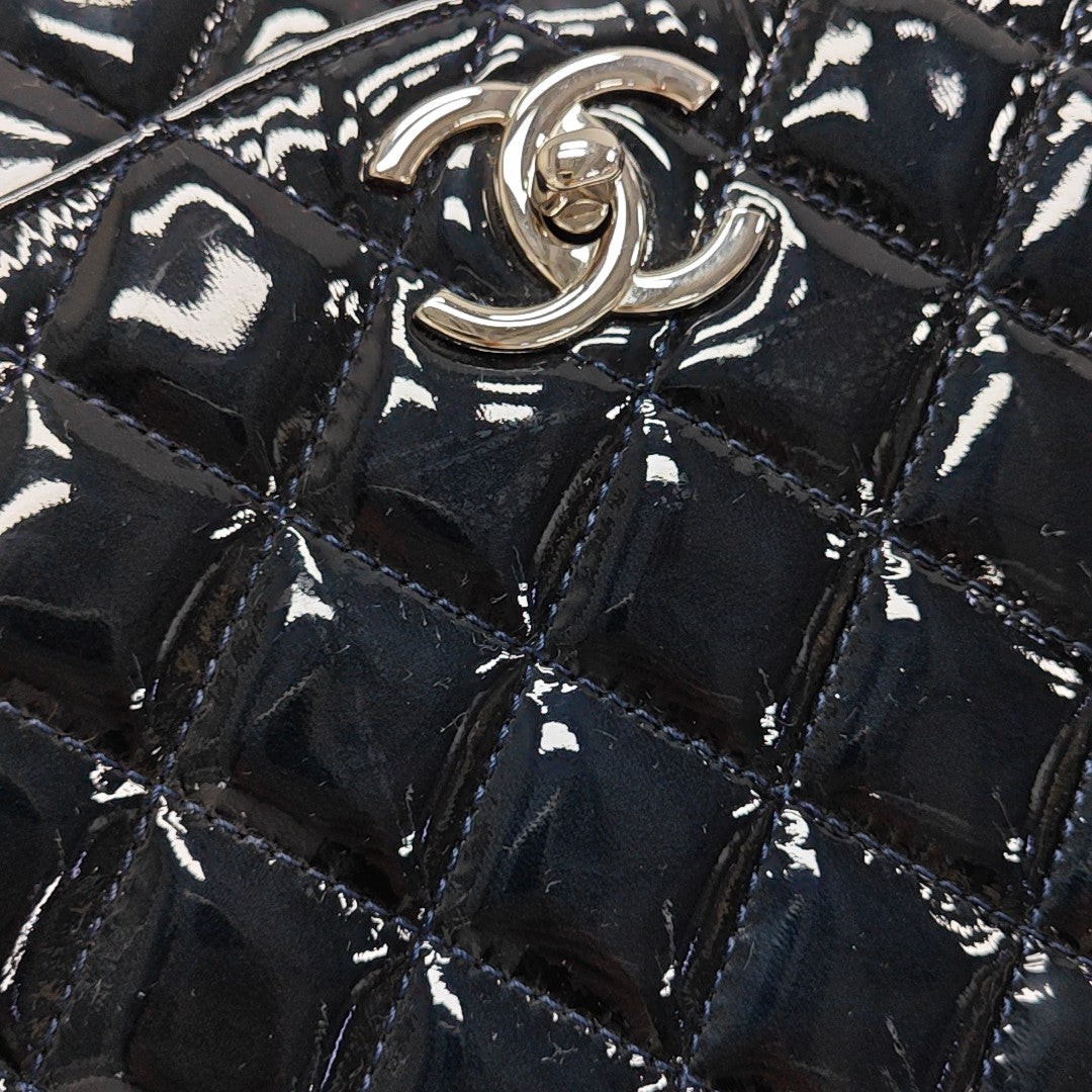 Quilted Patent Leather Top Handle Bag Blue