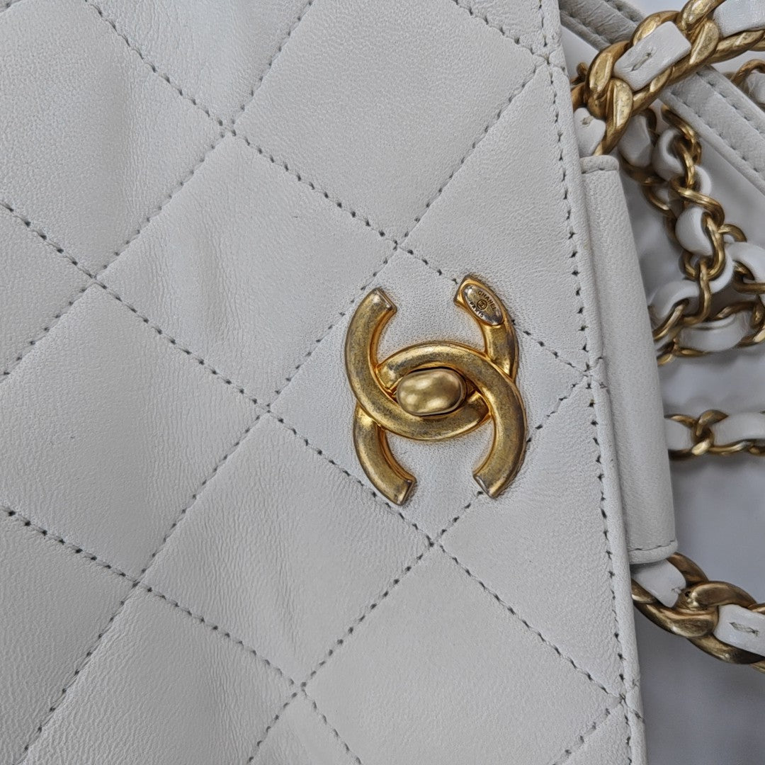 Quilted Lambskin Bucket Bag White