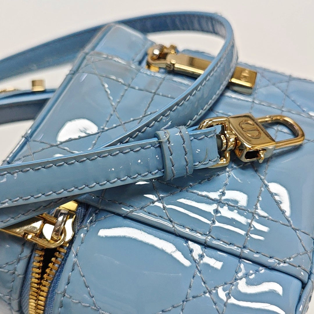 Authenticated pre-owned  Vanity Lady Dior Super Mini Cannage Patent Leather Blue - Shoulder Bag at Looply