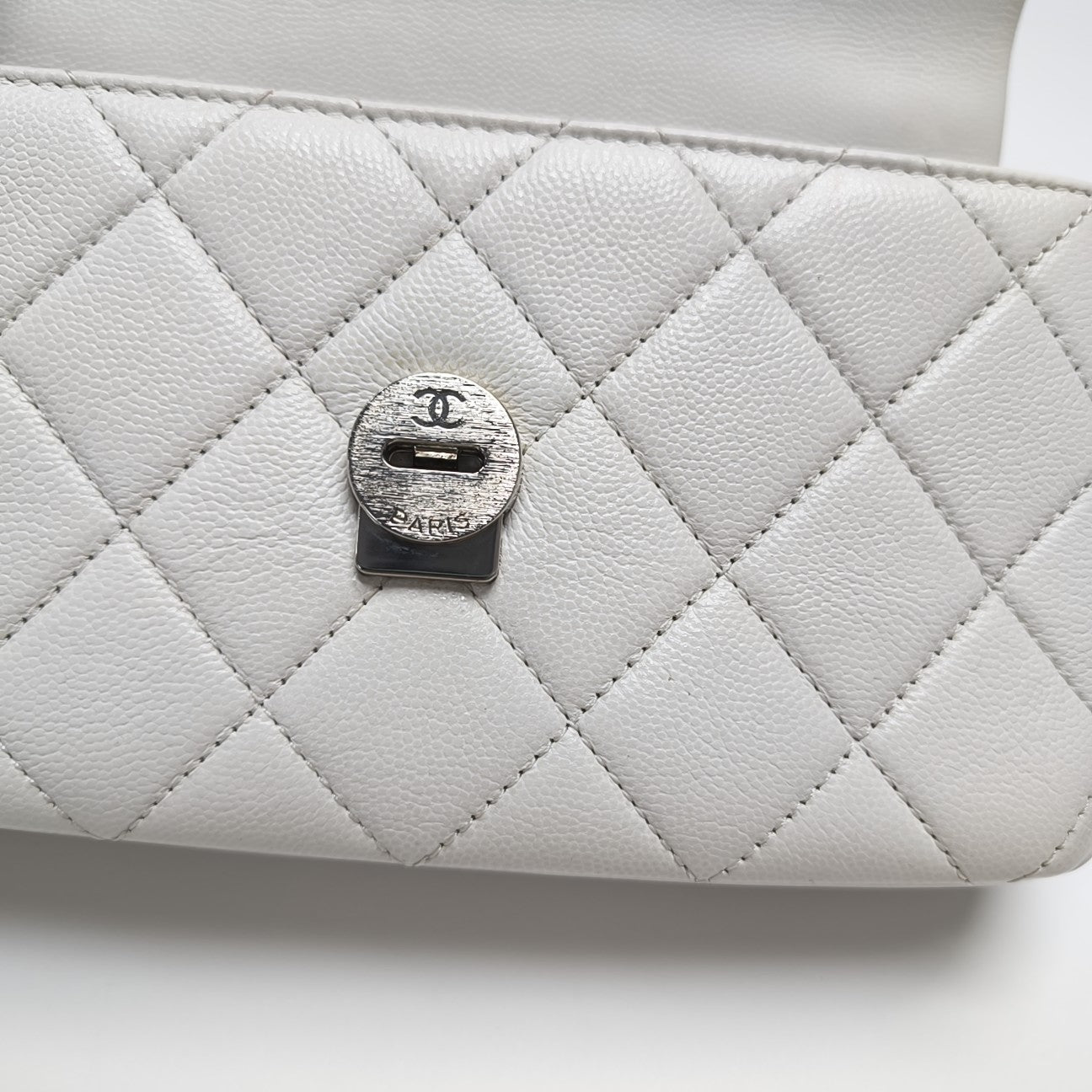 Quilted Grained Calfskin Shoulder Bag Small White