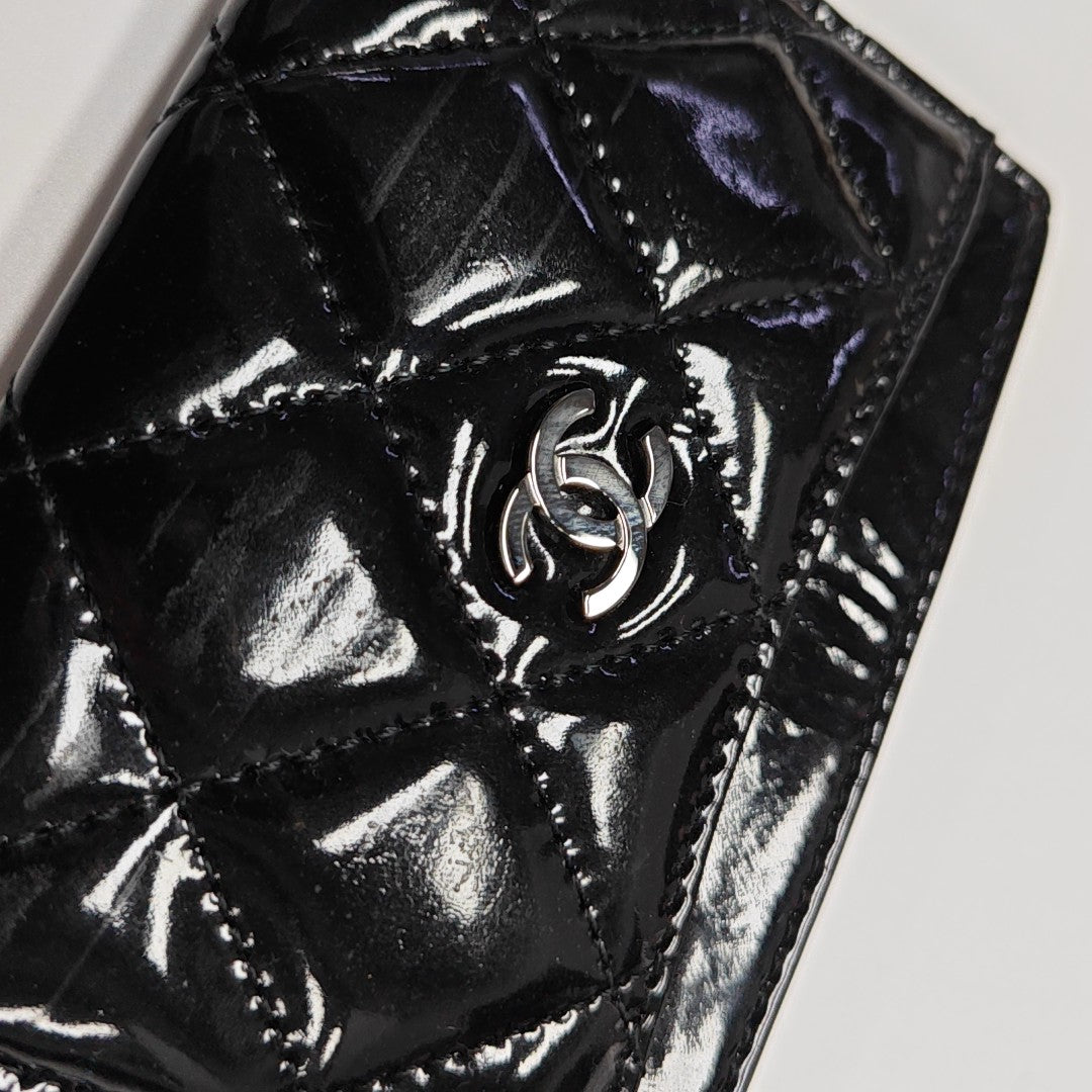 Quilted Patent Leather Card Holder Black