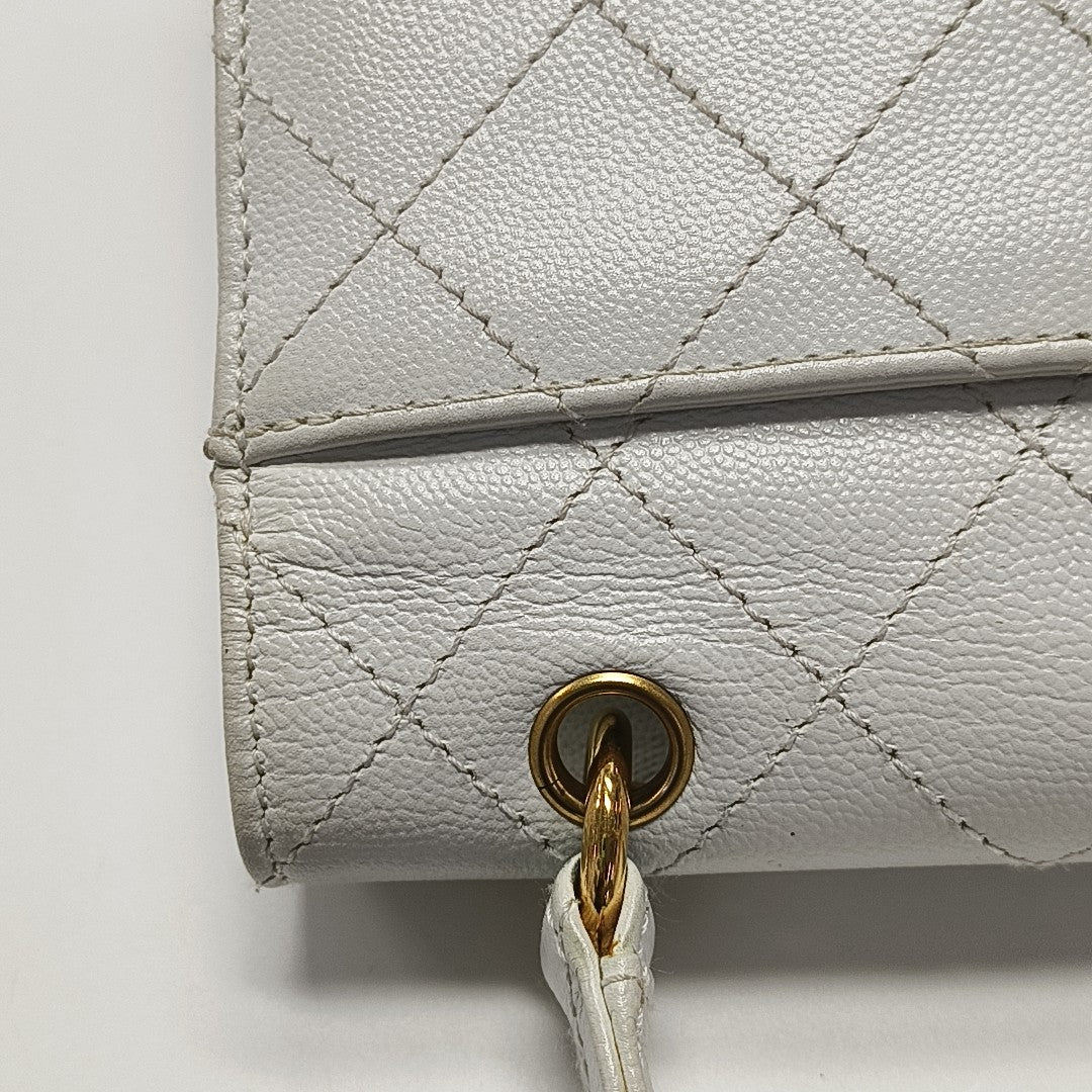 Quilted Grained Calfskin Top Handle Bag White