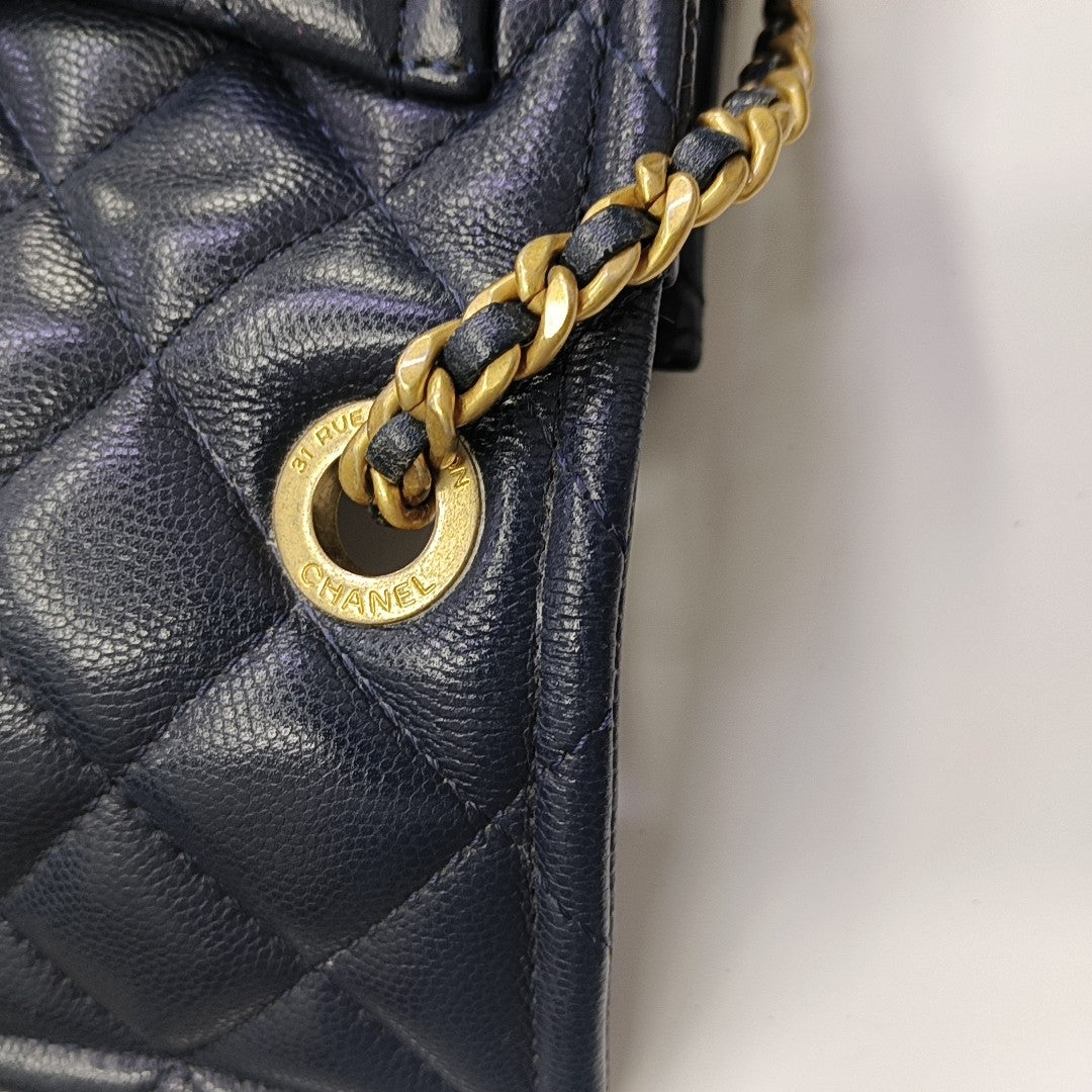 Quilted Grained Calfskin Shoulder Bag Blue