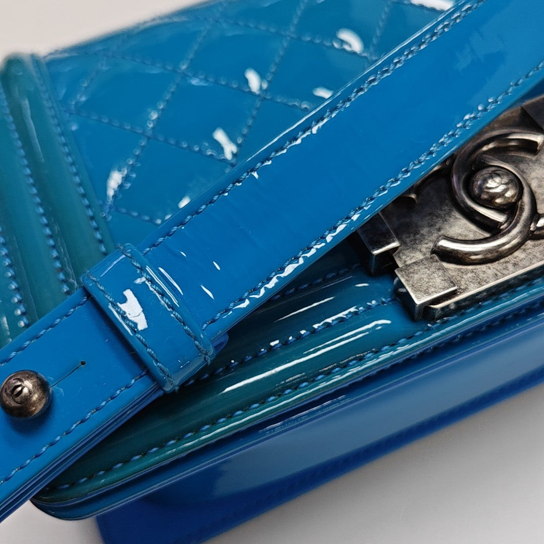 BOY CHANEL Small Quilted Patent Leather Blue