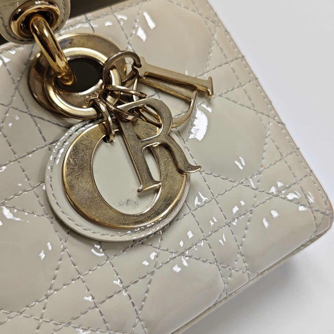 Lady D-Joy Small Cannage Patent Leather White