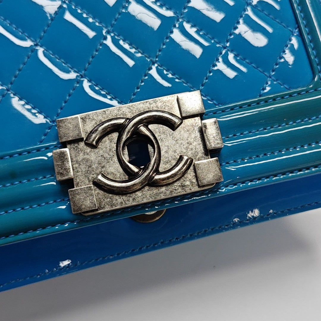 BOY CHANEL Small Quilted Patent Leather Blue
