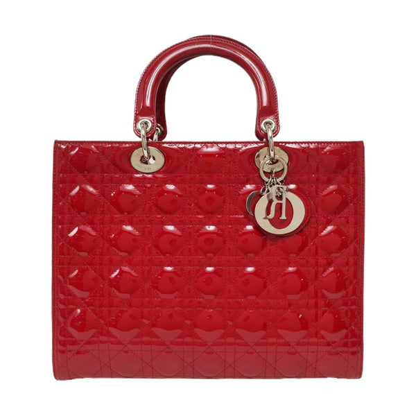 Authenticated pre-owned  Lady Dior Large Cannage Patent Leather Red - Top Handle Bag at Looply