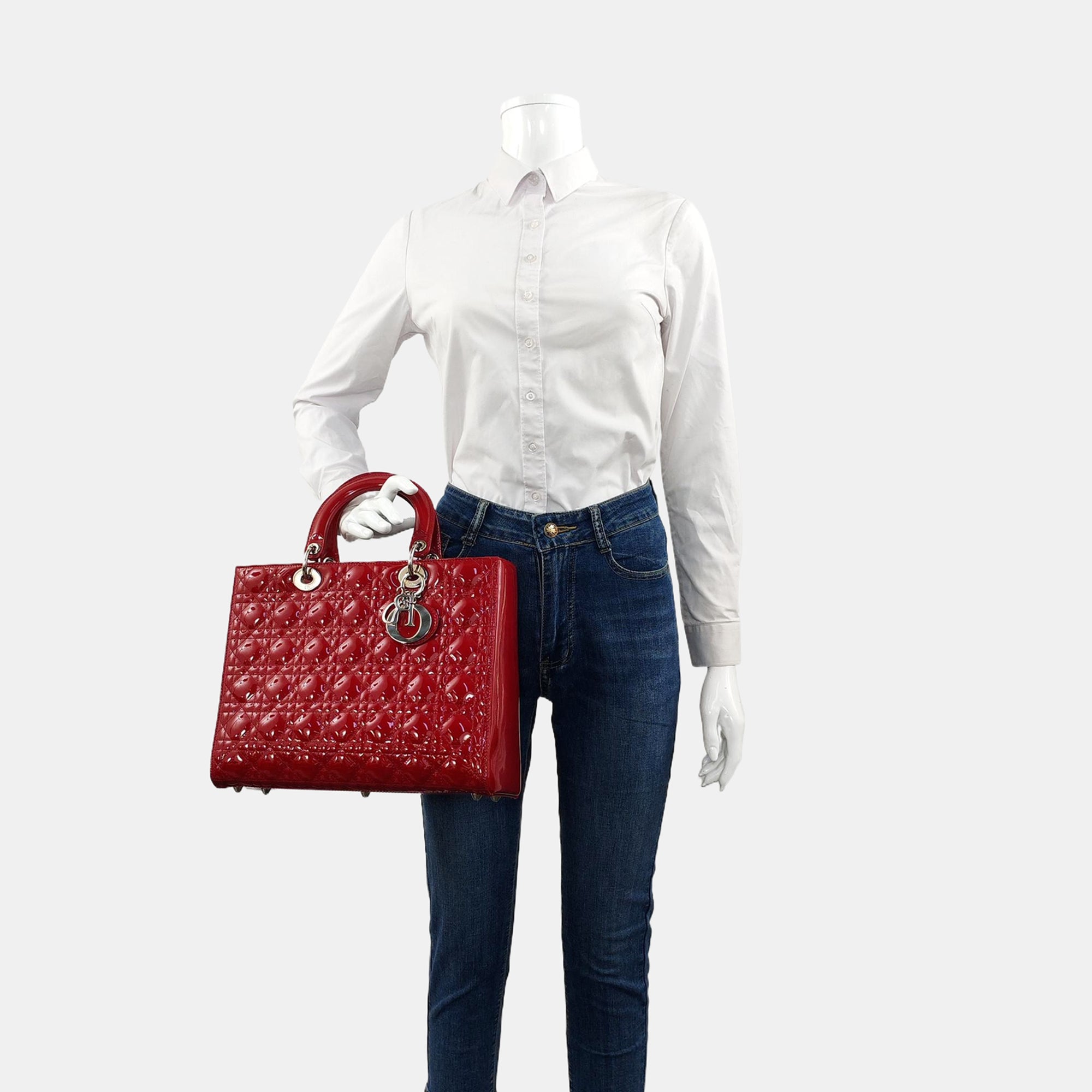 Authenticated pre-owned  Lady Dior Large Cannage Patent Leather Red - Top Handle Bag at Looply