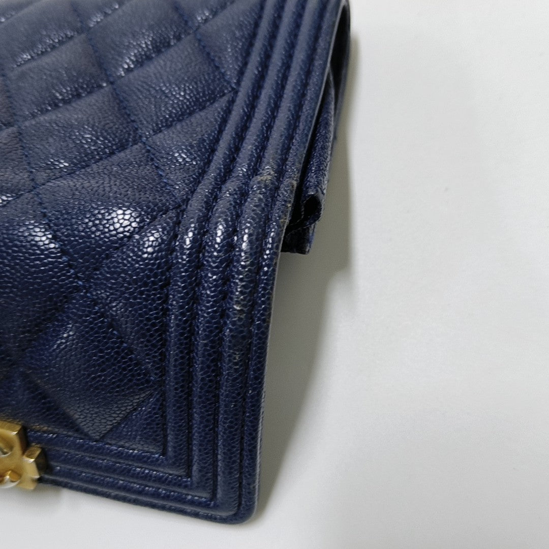 Authenticated pre-owned  Boy Chanel Quilted Grained Calfskin Blue Wallet - Wallet at Looply