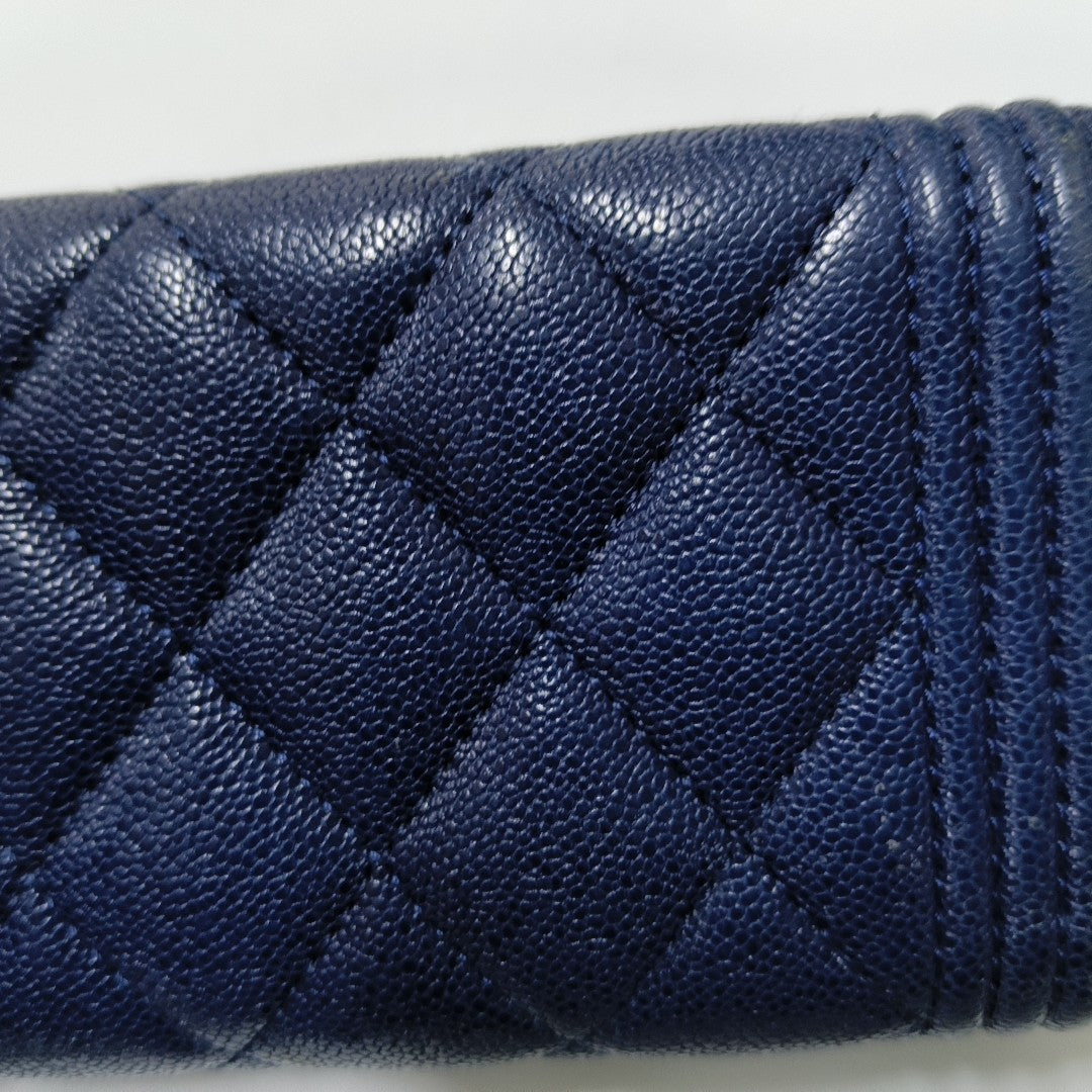 Authenticated pre-owned  Boy Chanel Quilted Grained Calfskin Blue Wallet - Wallet at Looply