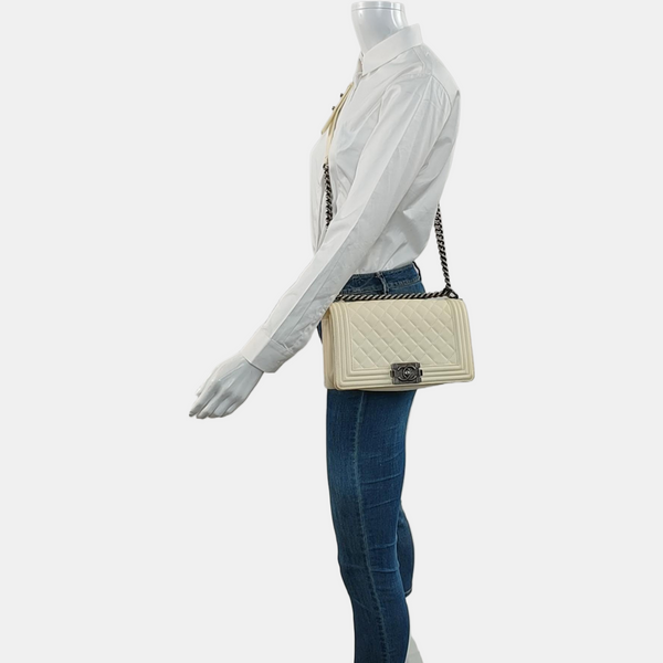 Authenticated pre-owned  Boy Chanel Medium Quilted Lambskin White - Crossbody Bag at Looply