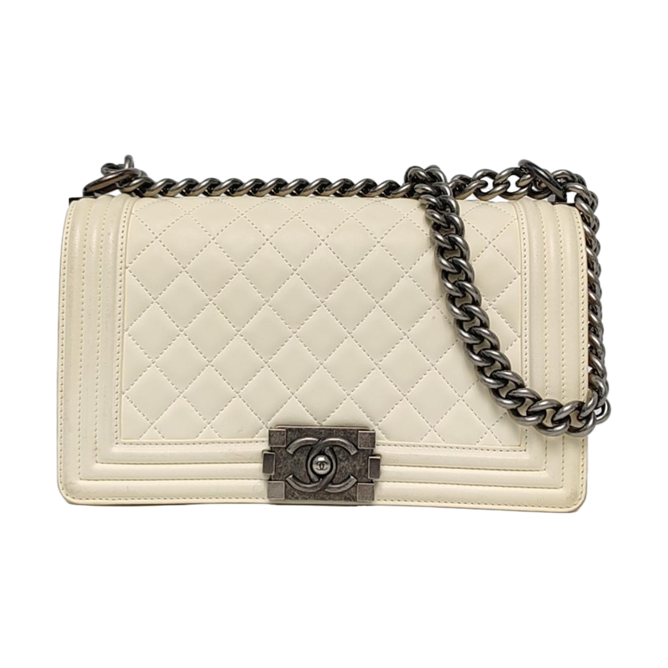 Authenticated pre-owned  Boy Chanel Medium Quilted Lambskin White - Crossbody Bag at Looply