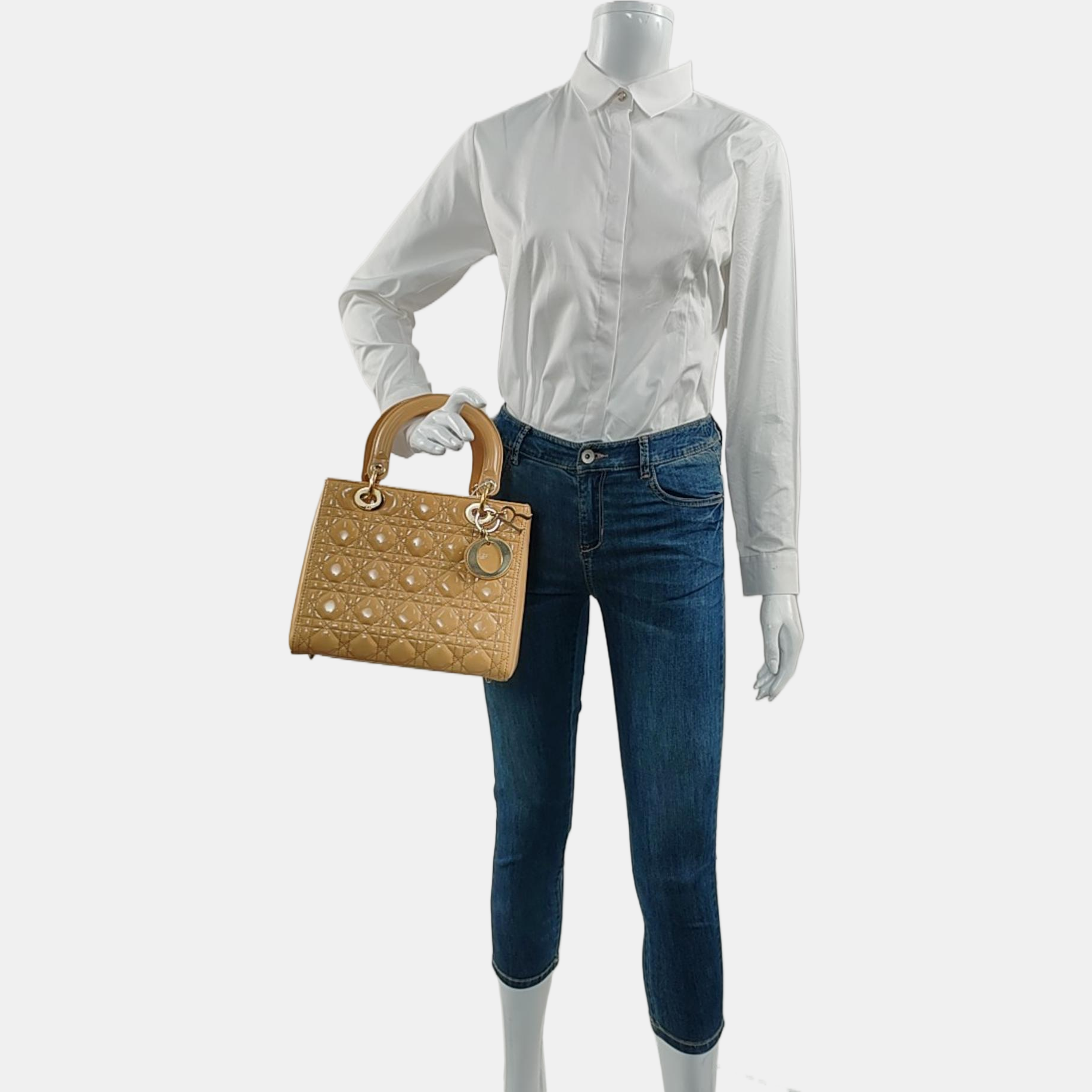 Authenticated pre-owned  Lady Dior Medium Patent Leather Yellow - Top Handle Bag at Looply
