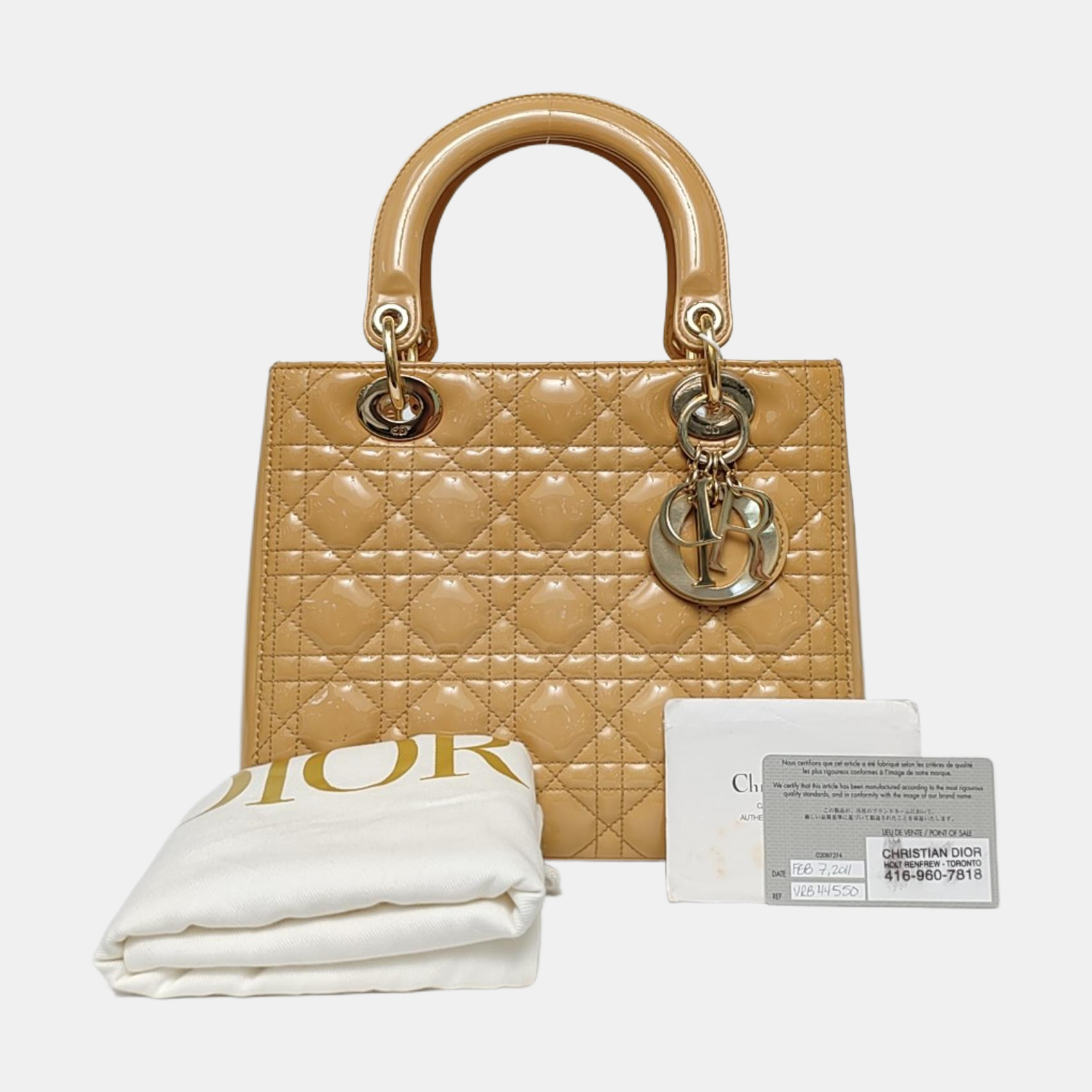 Authenticated pre-owned  Lady Dior Medium Patent Leather Yellow - Top Handle Bag at Looply