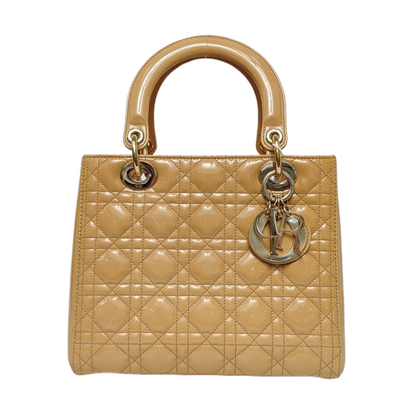 Authenticated pre-owned  Lady Dior Medium Patent Leather Yellow - Top Handle Bag at Looply