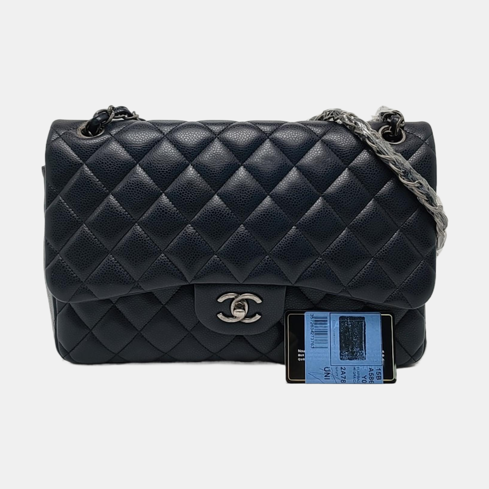 Authenticated pre-owned  Classic Flap Large Quilted Grained Calfskin Blue - Shoulder Bag at Looply