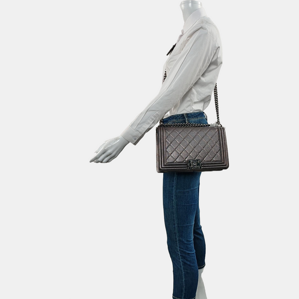 Authenticated pre-owned  Boy Chanel Large Quilted Lambskin Gray - Crossbody Bag at Looply