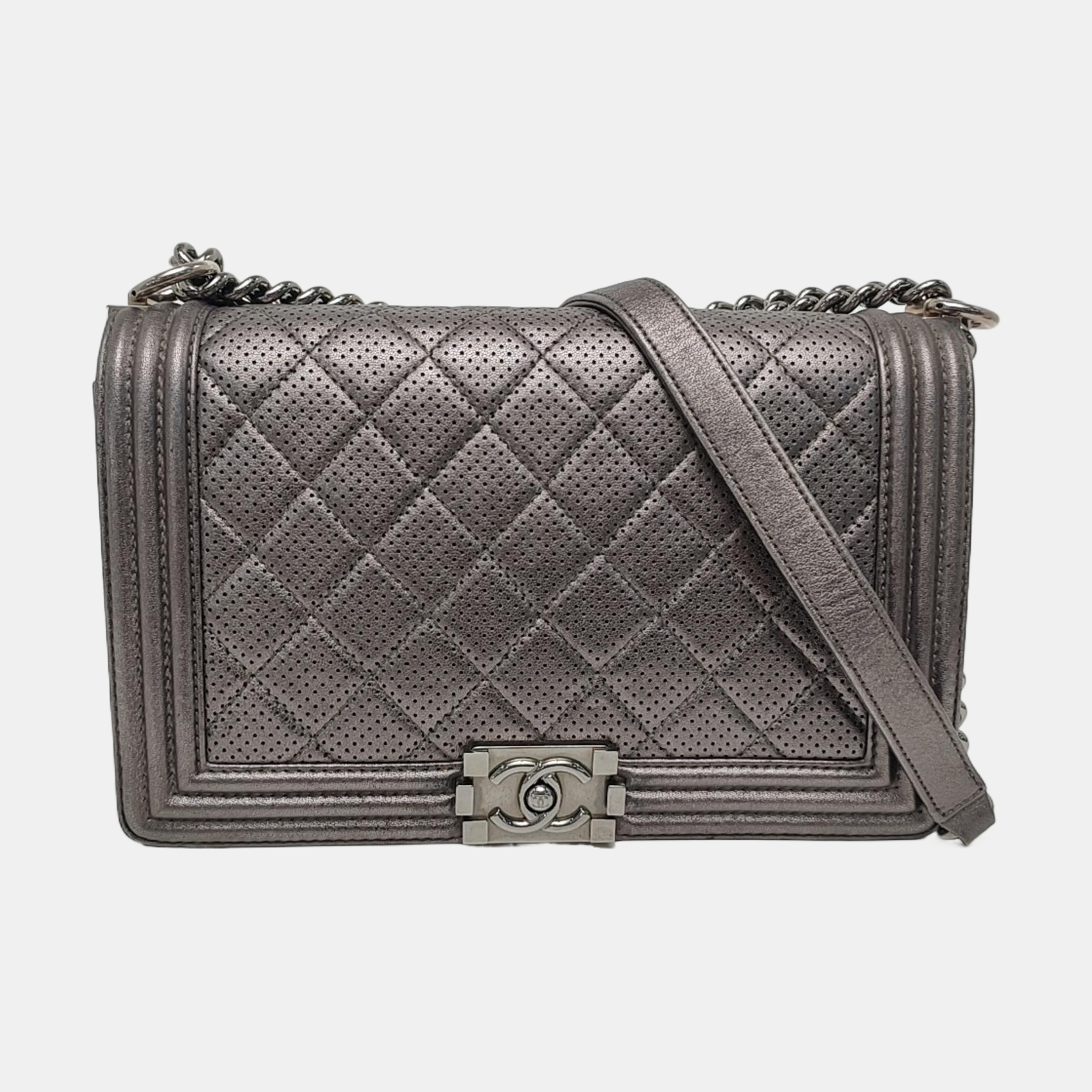 Authenticated pre-owned  Boy Chanel Large Quilted Lambskin Gray - Crossbody Bag at Looply