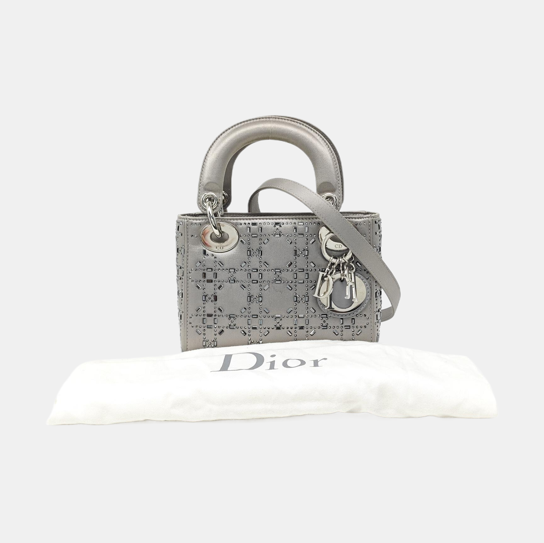 Authenticated pre-owned  Lady Dior Mini Silk Satin Gray - Shoulder Bag at Looply