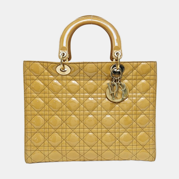Authenticated pre-owned  Lady Dior Large Patent Leather Yellow - Top Handle Bag at Looply