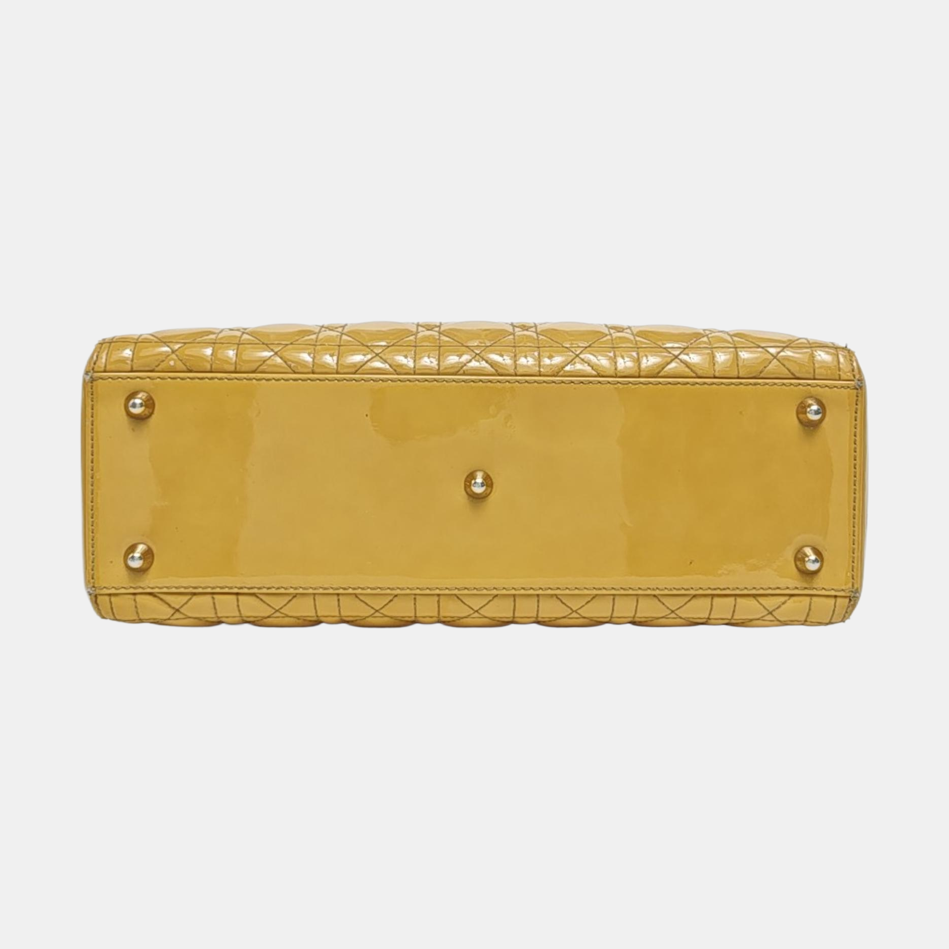 Authenticated pre-owned  Lady Dior Large Patent Leather Yellow - Top Handle Bag at Looply
