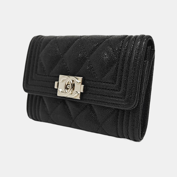 Authenticated pre-owned  Boy Chanel Quilted Grained Calfskin Black Card Holder - Card Holder at Looply