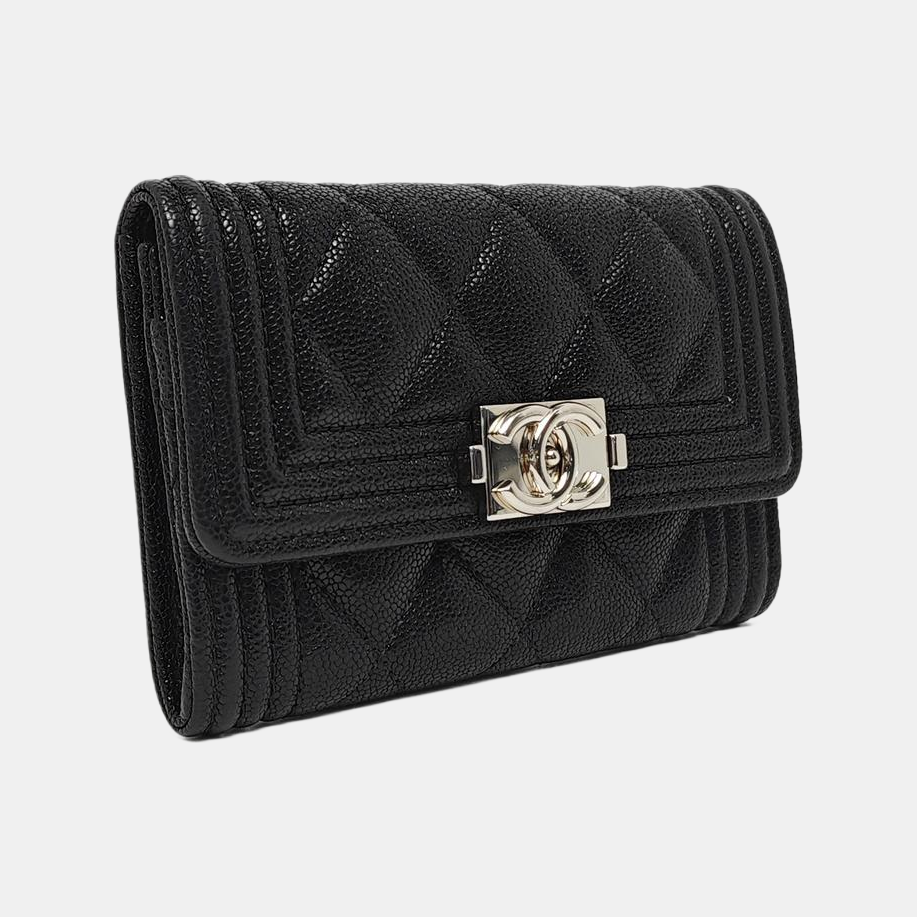 Authenticated pre-owned  Boy Chanel Quilted Grained Calfskin Black Card Holder - Card Holder at Looply