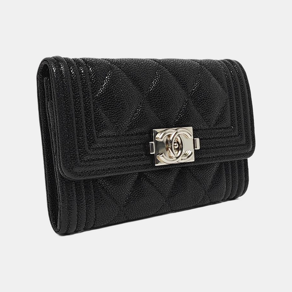 Authenticated pre-owned  Boy Chanel Quilted Grained Calfskin Black Card Holder - Card Holder at Looply