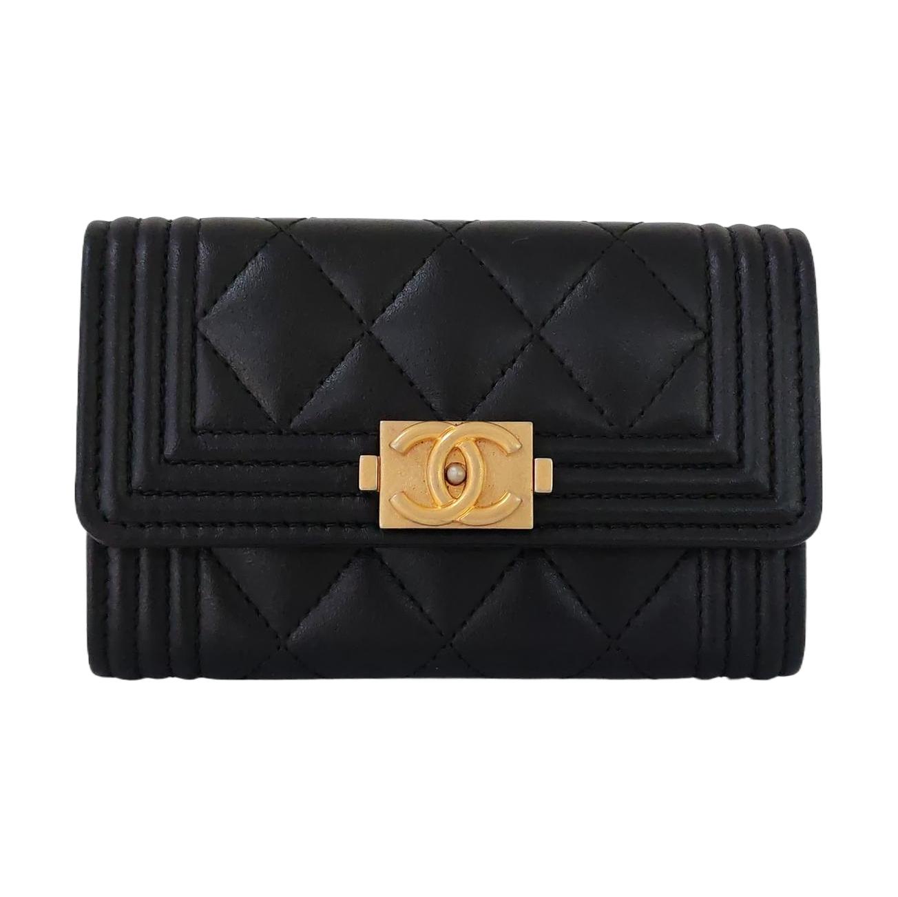 Authenticated pre-owned  Boy Chanel Quilted Lambskin Black Card Holder - Card Holder at Looply