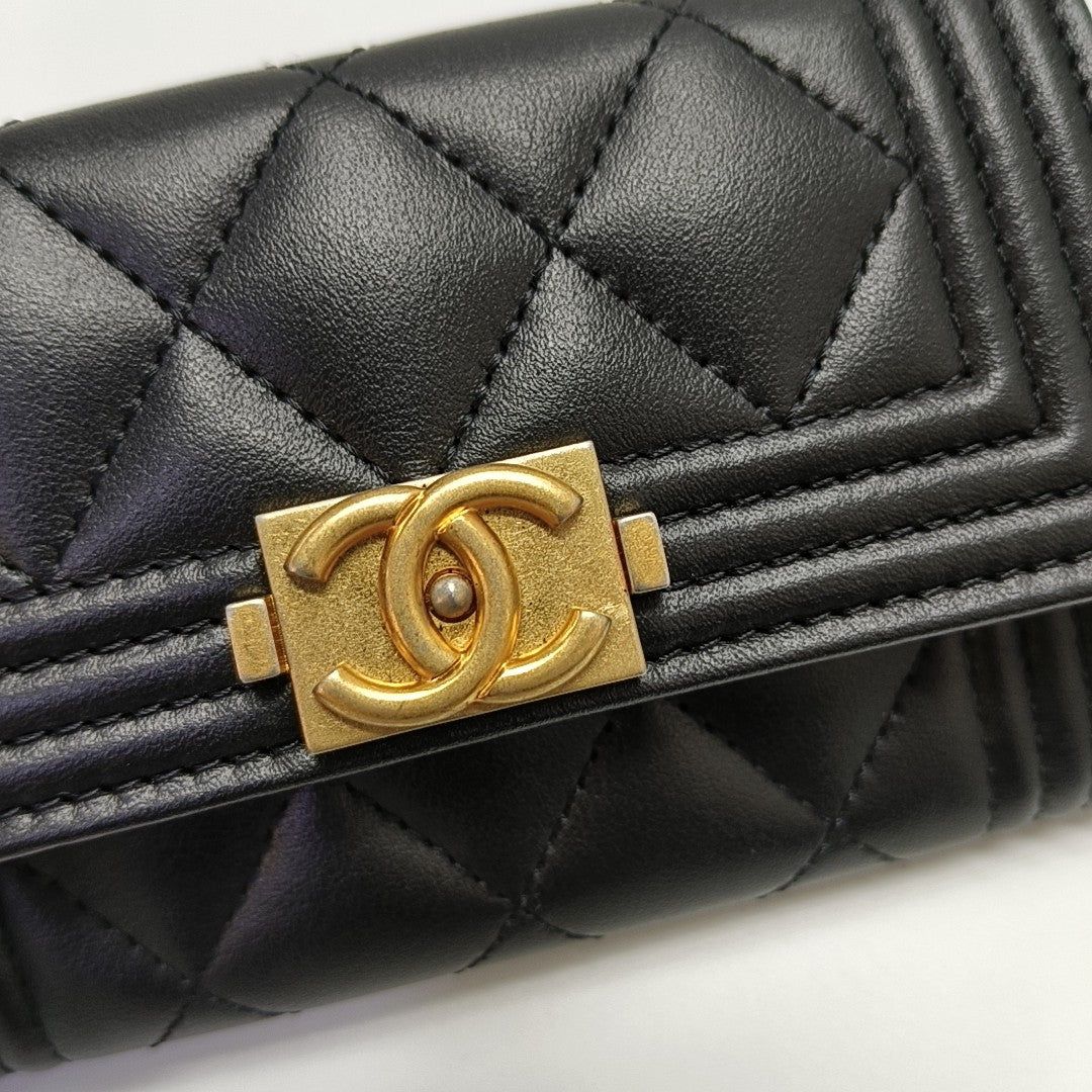 Authenticated pre-owned  Boy Chanel Quilted Lambskin Black Card Holder - Card Holder at Looply