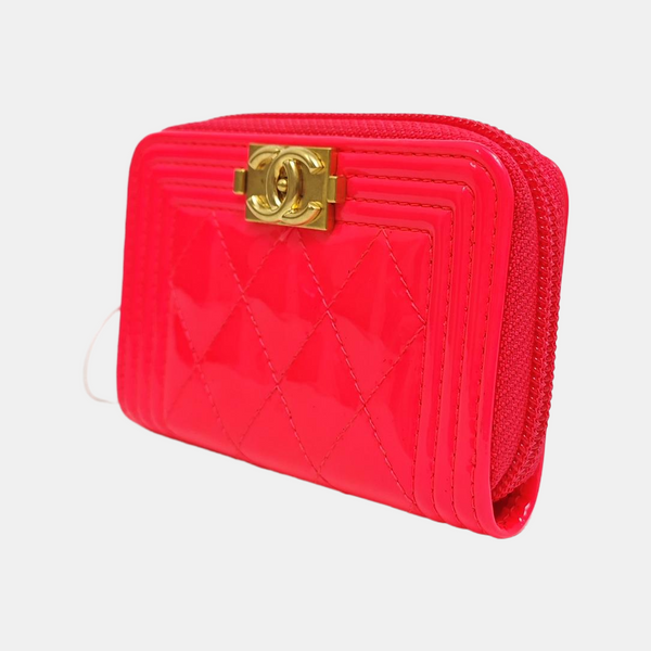 Authenticated pre-owned  Boy Chanel Quilted Patent Calfskin Pink Card Holder - Card Holder at Looply