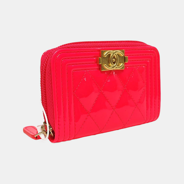 Authenticated pre-owned  Boy Chanel Quilted Patent Calfskin Pink Card Holder - Card Holder at Looply